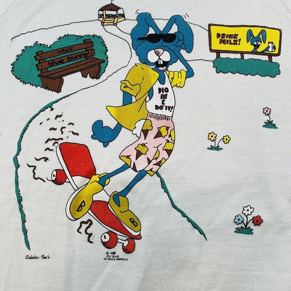 Vtg Youth 14/16 Wells Blue Bunny Dig In & Do It Sweatshirt Skateboard Rabbit 80s - Picture 1 of 8